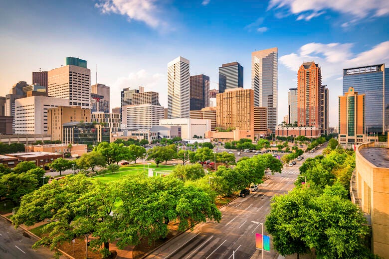 a city with trees and buildings